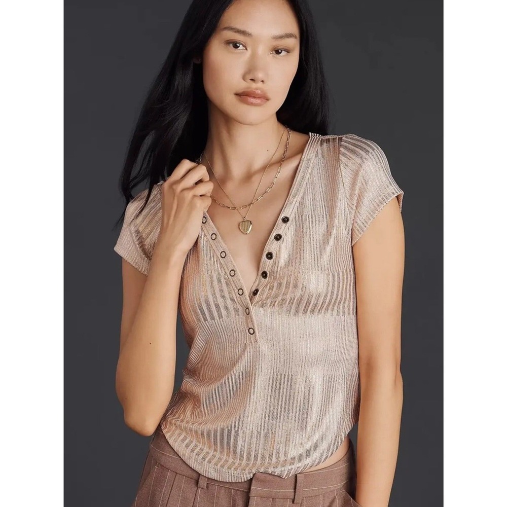 Pilcro Top Women Extra Small Rose Gold Andie Shine Metallic Ribbed Henley